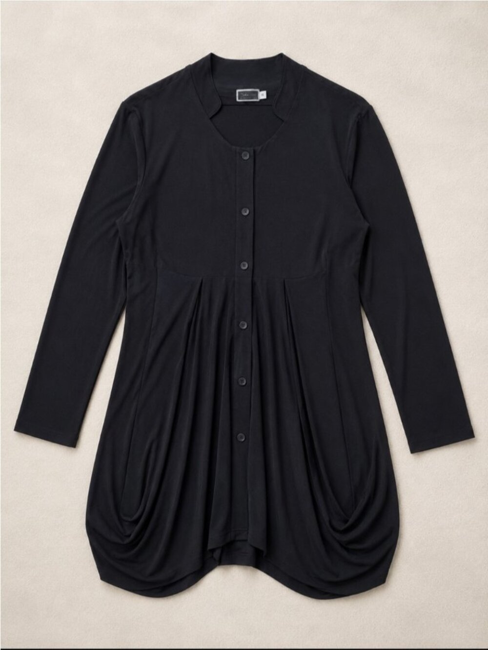 Sympli Button Front Tunic Dress Woman 14 Black Pockets Ruched Hem Stretch Travel